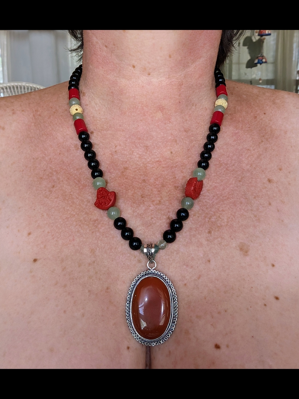 Women's Black and Red Beaded Necklace with Carnelian Pendant